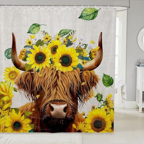 Feelyou Highland Cow Shower Curtain for Girls Boys Kids Highland Cattle Sunflower Bathroom Shower Curtain Setative Animal Floral Bath Curtain Farmhouse Wildlife Kids Bathroom Accessories 72"x84"