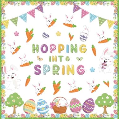 Adecortalk 73 Pcs Easter Classroom Decorations Spring Easter Bulletin Board Set Hopping Into Spring Bunny Eggs Carrots Tree Paper Cutouts for School Classroom Teacher Home Wall Party Supplies