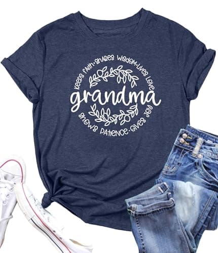 Grandma Shirts Women Grandmother Heart Printed Tshirt Floral Mama Casual Tee Mother Short Sleeve Top Shirt Dark Blue