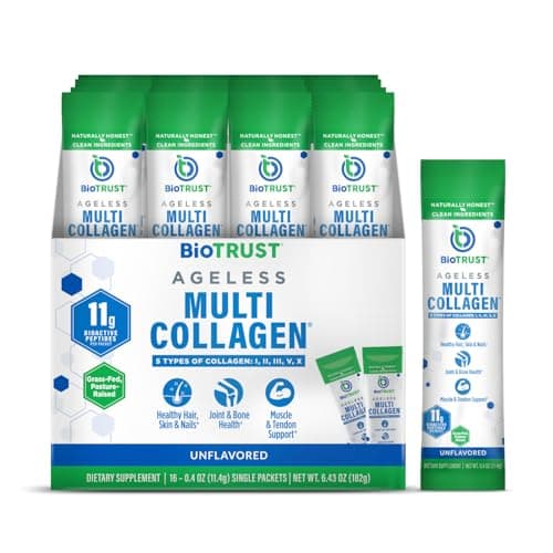 BioTrust Ageless Multi Collagen Peptides Powder - Types I, II, III, V, X - Unflavored Collagen Powder for Women & Men - Hydrolyzed Protein- Grass Fed Beef, Fish, Chicken, Eggshell Membrane(16 packets)