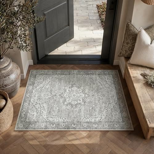 HUGEAR Entryway Area Rugs 2x3 Washable Rug Grey Vintage Rug Carpet Low Pile Non Slip No Shedding Soft Durable Indoor Bedroom Kitchen Home Decor Floor Mat