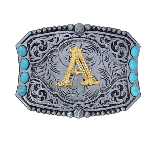 Bolatilt Vintage Turquoise Belt Buckle Men Western Cowboy Cowgirl Rodeo Belt Buckles Initial Letters A Belt Buckles for Men and Women