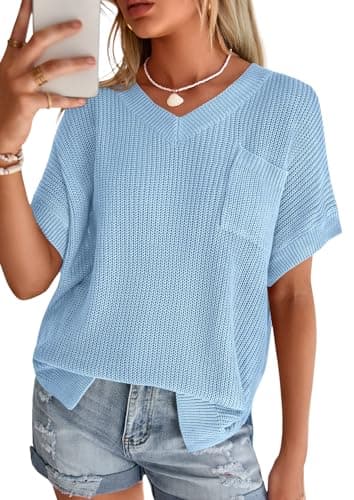 PRETTYGARDEN Women's 2026 Spring Short Sleeve Sweaters Lightweight V Neck Casual Going Out Summer Tops Beach Vacation Clothes (Blue,Medium)