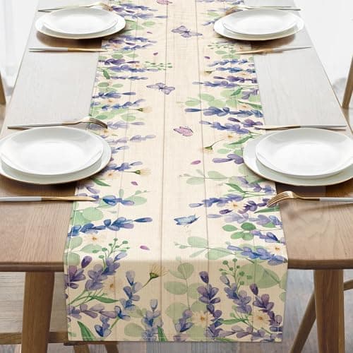 Croar Spring Summer Lavender Flower Dining Table Runner, Purple Floral Daisy Eucalyptus Leaves Burlap Kitchen Decoration, Butterfly Seasonal Indoor Outdoor Home Decor Party Supply 13 x 72 Inches