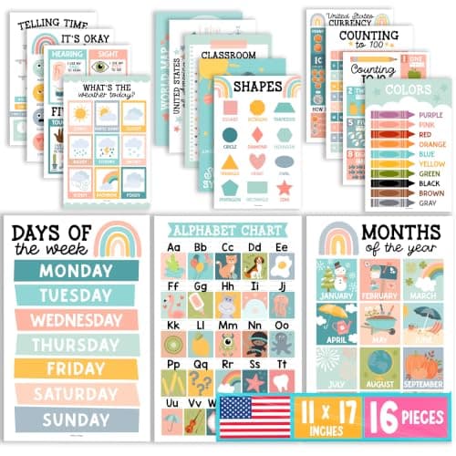 Hadley Designs 16 Educational Posters for Classroom Decor - Boho Educational Posters for Toddlers 1-3, Toddler Learning Posters for Kids Ages 3-5, Kindergarten & Preschool Classroom Must Haves
