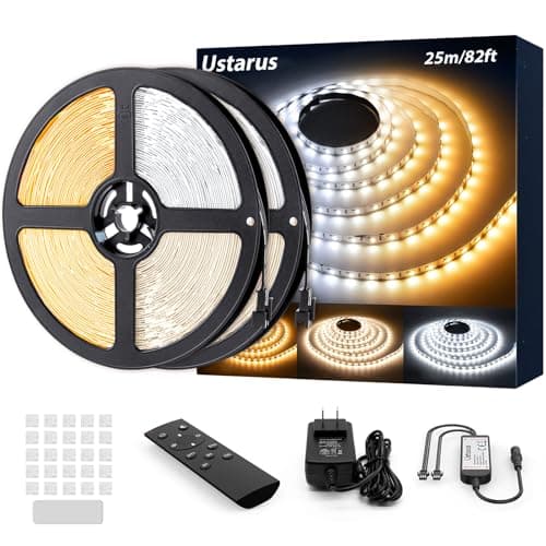 Ustarus White LED Strip Lights 82ft 24V Dimmable 3000K-6000K LED Tape Rope Light with Remote Flexible 2835 LED Ribbon for Kitchen Under Cabinet Mirror Room Indoor Home Daylight Warm White