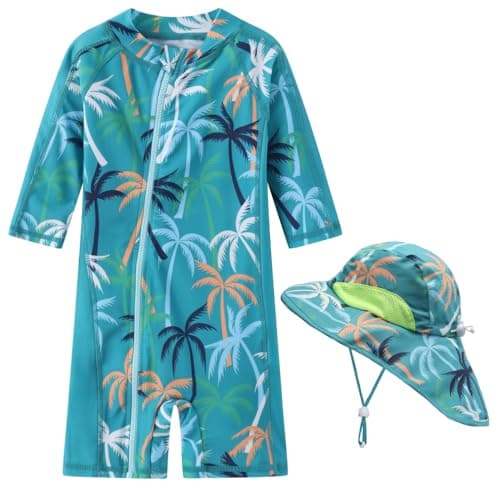 Baby Boy Swimsuit Rash Guard Toddler Sun Protection Swimwear Infant One Piece Bathing Suit with Sun Hat(Green Coconut Tree,9-12Months)