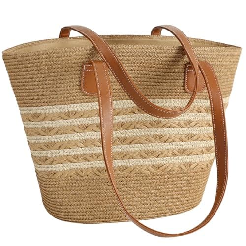 Pleneal Straw Beach Bag For Women, Summer Straw Handbags for Women Large Shoulder Purses Woven Tote Bag