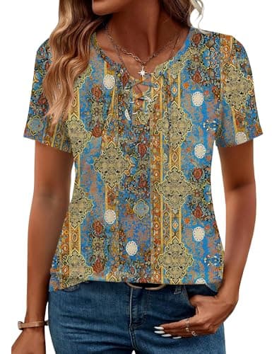 LOMON Blouses for Women Fashion 2026 Summer Vneck Half Sleeve Blouses for Women Dressy Casual Babydoll Shirts Purple Orange Floral M