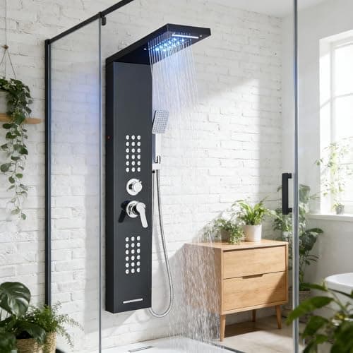 LED Shower Panel Tower System with Rainfall Waterfall Shower Head, 5-in-1 Shower Tower with LED Rainfall Waterfall Shower Head, Powerful Body Jets, Handheld Shower, Tub Spout Black-5013