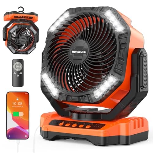 MORECORE 68HRS Running Camping Fan with Light, 20000mAh Battery Rechargeable, Powerful 4 Speeds & Auto Oscillating, with Timer & Hook, for Travel Tent RV Emergency Hurricane Jobsite Garage-Orange