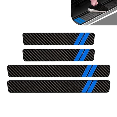 WZP 4PCS Door Sill Protector, Carbon Leather Car Fiber Entry Step Guard Sticker, Anti-Scratch Car Front/Rear Door Threshold Protective Sticker, Universal for Most Vehicles (Black & Blue)