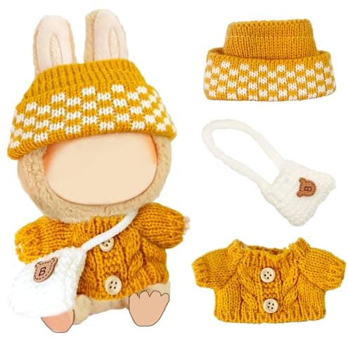 Doll Clothes Set for Labubu 17cm, Designer Hand-Crocheted Yellow Sweater Outfit with Hat & Crossbody Bag Accessories,Cute Clothing for 15cm Have a Seat Series Dolls Dress -Up Display