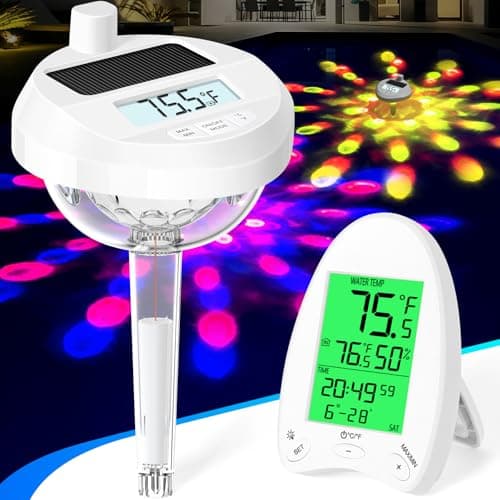 FirstE Solar Wireless Pool Thermometer with Dynamic Light Show | Backlit Display Floating Pool Thermometer - Easy Read at Night | 650FT Wireless Transmission Water Temperature Monitor for Spa, Hot Tub
