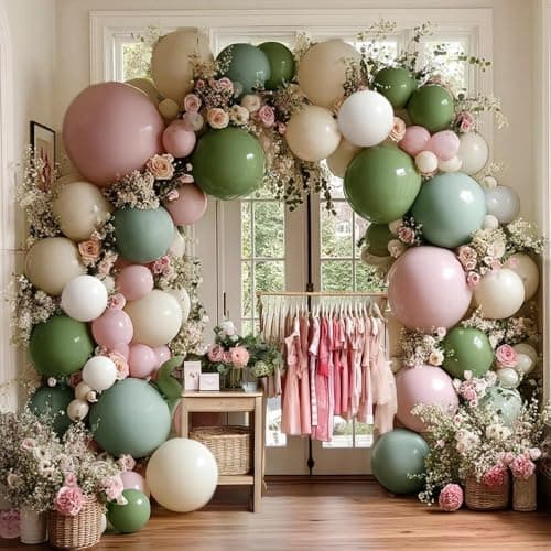 Sage Green Pink Balloon Garland Double Stuffed Dusty Pink Green White Sand Balloons Rose Cream Balloon Arch Kit for Birthday Baby Shower Gender Reveal Wedding Wild Flower Easter Party Decorations