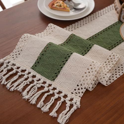 Niviy Dark Green Table Runner 72 Inches Long with Tassels, Seasonal Spring Summer Washable Embroidered Striped Braided Boho Table Runners for Holiday Party 12 x 72 Inches