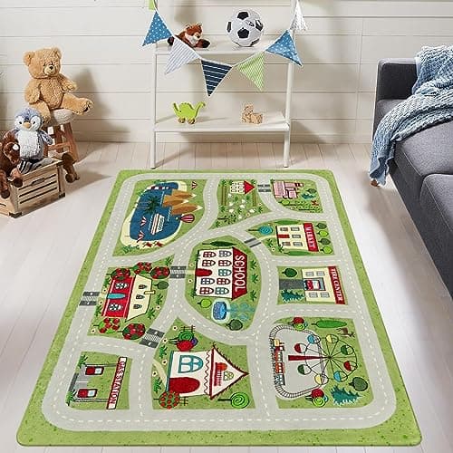 LIVEBOX Green Kids Rug for Kids Room, 3'x5' Washable Road Rug for Playroom, Non-Slip Soft Toy Car Rugs for Baby Nursery, Small City Traffic Playmat for Boys Girls Dorm Bedroom Tent