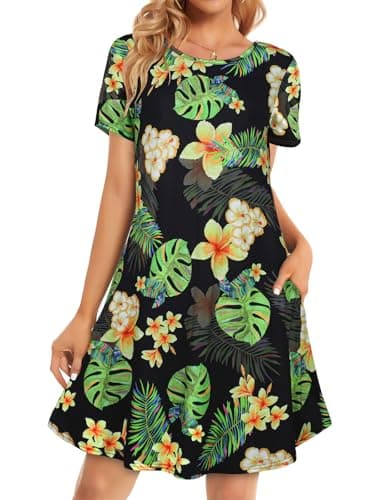 elescat Womens Summer Dresses Short Sleeve Casual Beach Tshirt Loose Swing Flowy Sundress with Pockets (Black Yellow Floral, S)