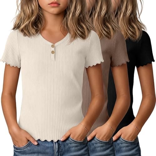 Mumucove 3 Pack Girls T Shirts, Cute V Neck Button Ribbed Tops, Back to School Clothes for Kids Teen 5-14 Y(Black, Mocha, Cream,7-8 Years)