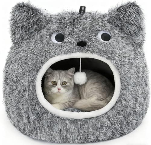CATISM Cat Bed, Cat Beds for Indoor Cats - Kitten Bed Cave Washable, Soft Plush Hooded, Removable Pillow, Non-Slip Base, Large Cave for Kitty