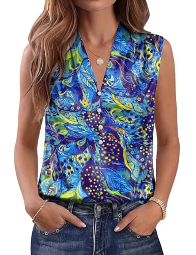 LOMON Womens Spring Tops 2026 Trendy Tank Top Women Blouse Business Casual Outfits for Women Dark Blue Floral XL