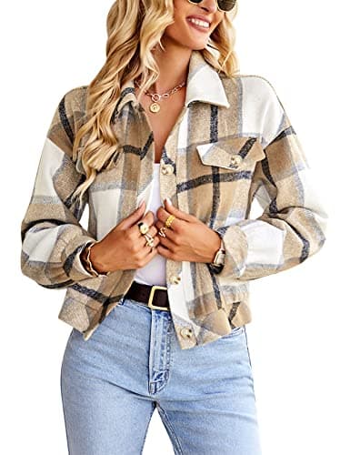 Gihuo Women's Fashion Cropped Shacket Button Down Corduroy Shacket Jackets Casual Plaid Long Sleeve Crop Shirts Jackets Tops (PlaidKhaki-XL)