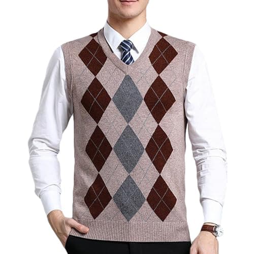 ZUEVI Men's Sweater Vests V-Neck Sleeveless Knitted Pullover Sweaters Relax Fit Classic Striped Vest Knitwear(Camel Argyle-M)