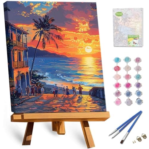 TOCARE Framed Paint by Numbers Kit for Adults, 12x16Inch Hawaii Sunset Paint by Numbers with Frame, Beach Adult Paint by Number Framed Canvas Nature Scenery(Without Easel)