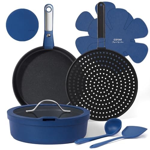 CAROTE 10-Piece Pots and Pans Set, Nonstick Cookware Set Detachable Handle, Frying Pan with Splatter Screen, Oven Safe, Induction Ready, Stackable, Blue