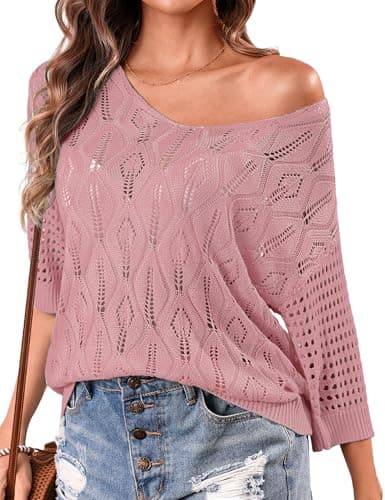 Totatuit Off the Shoulder Sweaters for Women Sexy V Neck Hollow Out Sweater
