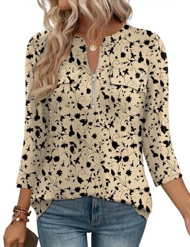 LOMON 3/4 Length Sleeve Womens Tops Dressy Casual Shirt Ladies Work Business Office Elegant Quarter Sleeve Tunic Blouse With Zipper