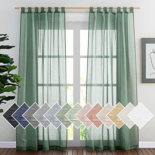 NICETOWN Flax Sheer Linen Curtains for Living Room, Tab Top Semi Sheer Vertical Drapes Privacy with Light Filter for Home Office/Farm House, W52 x L84, Olive Green, 1 Pair