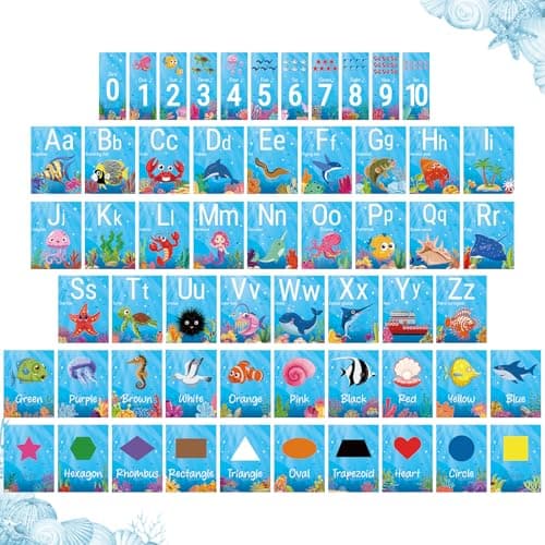 57Pcs Alphabet and Number Bulletin Board Set for Under The Sea Alphabet Letters Number Cards for Manuscript Educational Preschool Early Learning Colors Shapes Cards for Kindergarten Classroom Decor