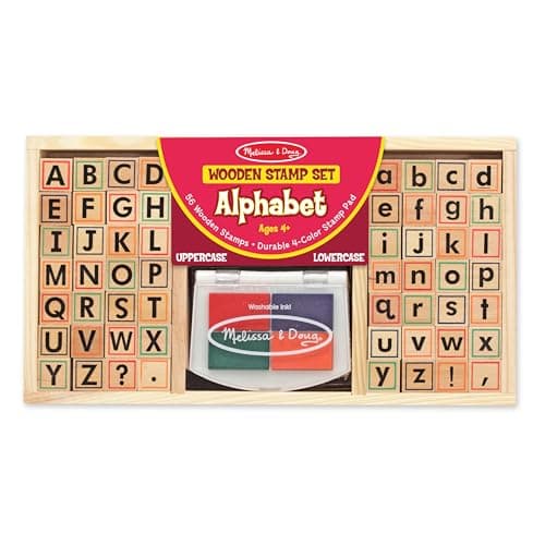 Melissa & Doug Wooden Alphabet Stamp Set - 56 Stamps with Lower-Case and Capital Letters Preschool Writing Toys, ABC Stamps, Kids Arts & Crafts, Letter for Kids Ages 4+