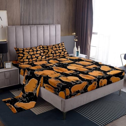 jejeloiu Capybara Sheet Set Twin Size Kids Kawaii Animal Sheets with Deep Pocket Fitted Sheet for Boys Girls Teens Black Galaxy Bed Sheets Set Breathable Cartoon Room Decor Cute