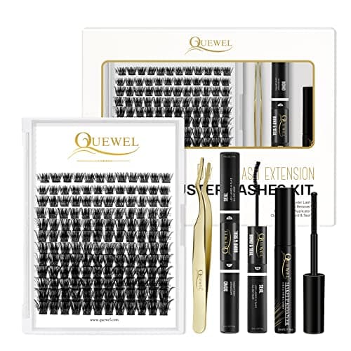 QUEWEL Lash Clusters Kit 144 Pcs Eyelash Clusters, with Applicator Tool, Super Hold Cluster Lashes Bond and Seal, Glue Remover Easy to Apply at Home(Honey01-Kit)