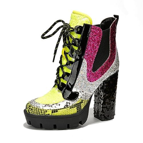 Women's Rhinestone Cowboy Booties - Western Ankle Boots with Pointed Toe, Block Heel & Lace-Up Design for Casual Dress or Party | Stylish Comfortable Short Booties (Nell) - Lime Size 8.5