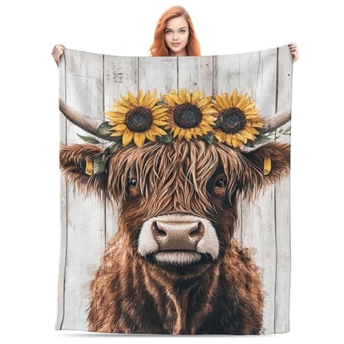 Soft Microfiber Sunflowers Highland Cow Fleece Blanket - Ultra Soft Fuzzy Party Blanket Gifts for Bed Sofa Home Decor,60''x 50''