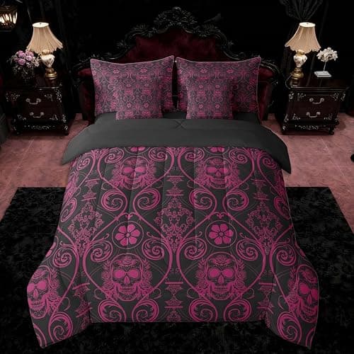 Feelyou Adults Pink Vintage Damask Floral Bedding Set Oriental Antique Comforter Set 7 Pieces Comforters Full Size Exotic Sugar Skull RoseGothic Bohemia Boho Bed in a Bag