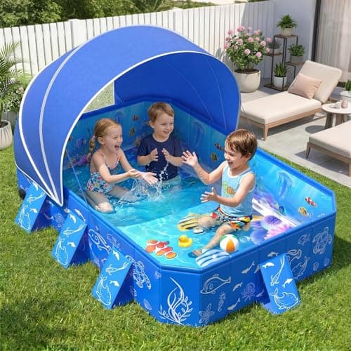 FizZeal Kiddie Pool with Canopy,Baby Swimming Pool for Toddler,Non-Inflatable Portable Pool for Kid,Foldable Toddler Pool with Shade,Kids Pool for Backyard.Outdoor Pop Up Kiddie Beach Pool 53"x40"x33'