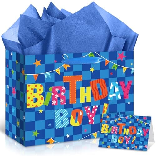 Innovoscape Blue Birthday Gift Bag for Boys Birthday Favor Bag with Tissue Paper and Card Colorful Happy Birthday Bag for Kids Boys Birthday Party Baby Shower