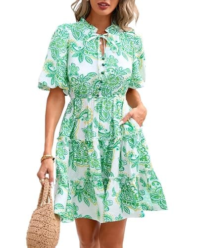 BTFBM Women Summer Floral Short Dresses V Neck Short Sleeve Tiered Ruffle Boho Swing Dress A-Line Mini Dresses(Floral White Green,Medium)