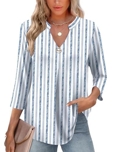 LOMON Fall Tops 3/4 Length Sleeve Shirts Business Casual Trendy Work Blouses Summer Smocked Tunic Going Out (Blue Striped,Large)