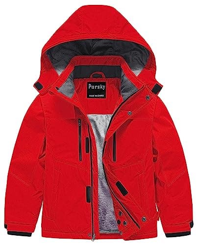 Pursky Snow Jacket Boys Children'S Winter Coats Boy's Ski Waterproof Breathable Kids Fleece Lined Windproof Hooded Snowboard Coat Pure Red 14/16