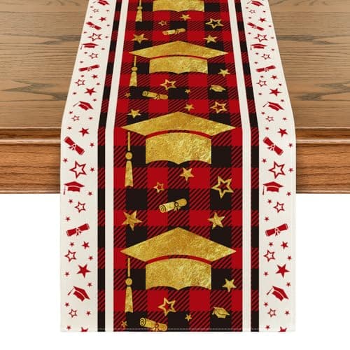 Artoid Mode Red Plaid Gold Diploma Cap Stars Graduation Table Runner, 2026 Holiday Kitchen Dining Table Runners for Home Party Decor 13x72 Inch