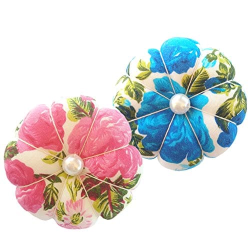 CUSHYSTORE 2X Floral Small Wrist Pin Needle Cushion Pincushion Sewing with Adjustable Elastic Strap for All Wrist Sizes (Blue + Pink)