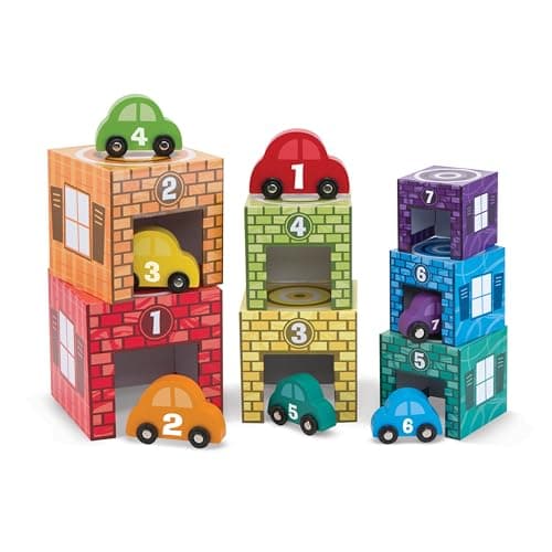 Melissa & Doug Nesting and Sorting Garages and Cars with 7 Graduated Garages and 7 Stackable Wooden Cars - FSC Certified