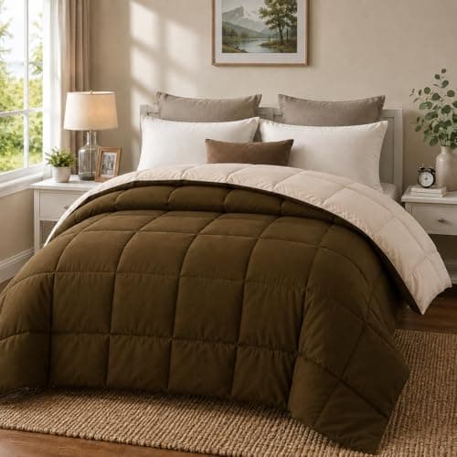 EVOLIVE All Season Reversible Comforter, Soft Brushed Microfiber Down Alternative Comforter, Medium Weight Fluffy Quilt with Box Stitching (Brown/Taupe, Twin)