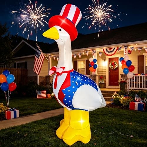 BLOWOUT FUN 4th of July Inflatables Outdoor Decorations 5FT Inflatable Porch Goose Wear Hat Patriotic Decor for Memorial Day 250th Anniversary LED Blow Up for Indoor Outdoor Party Garden Yard Lawn