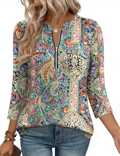 LOMON 3/4 Length Sleeve Womens Tops Work Business Casual V Neck Zipper Shirt Ladies Office Elegant Spring Summer Tunic Blouse With Zipper